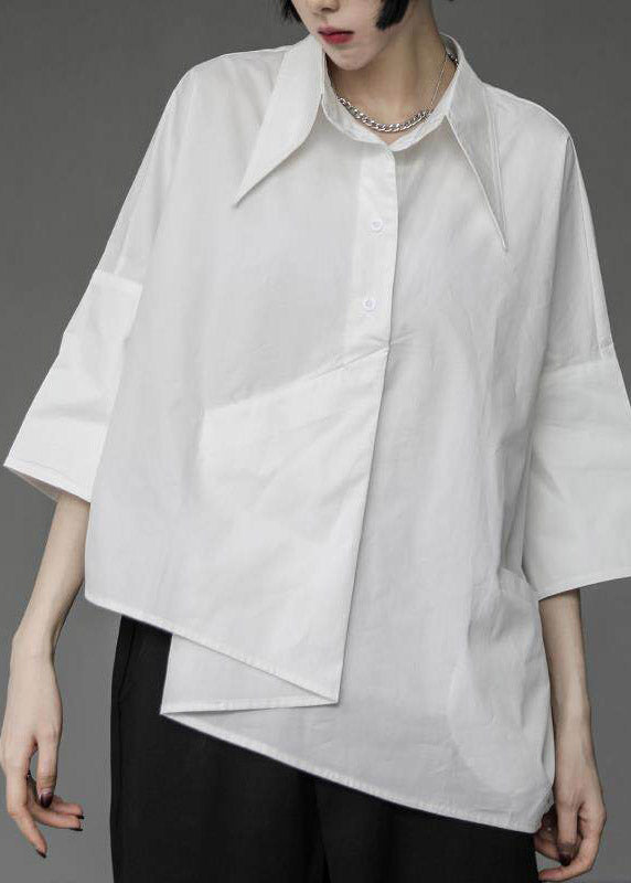 Loose White Peter Pan Collar Asymmetrical Shirts Three Quarter Sleeve