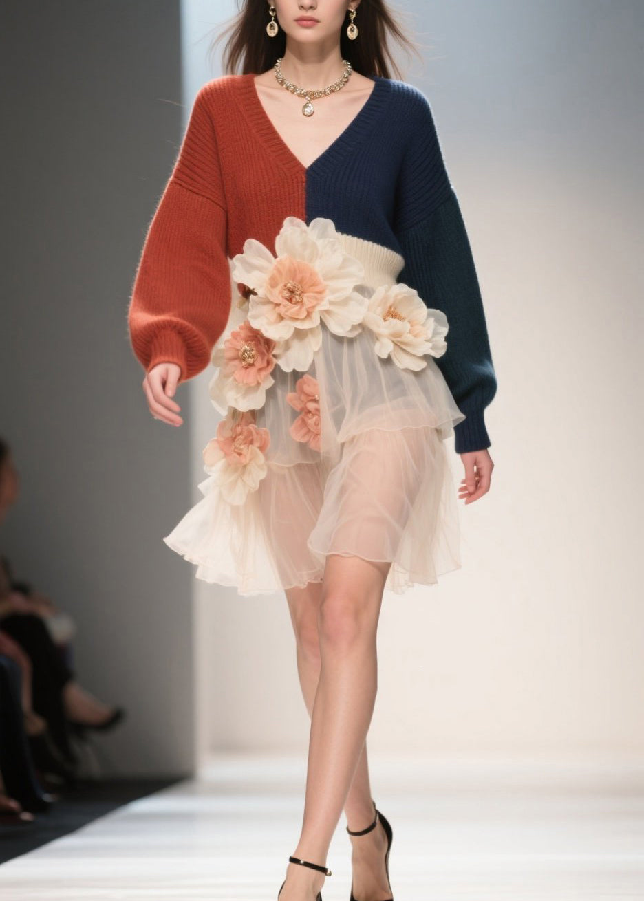 French Colorblock V Neck Tulle Patchwork Knit Dress Fall