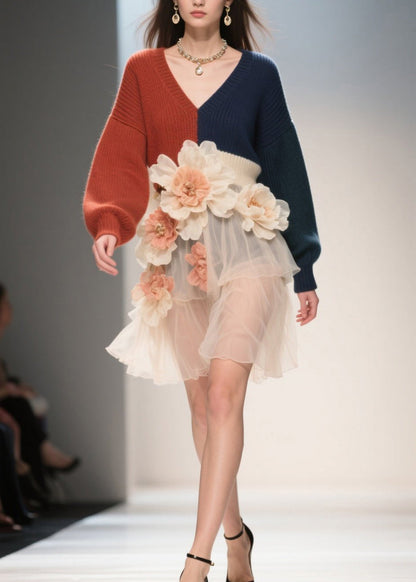 French Colorblock V Neck Tulle Patchwork Knit Dress Fall