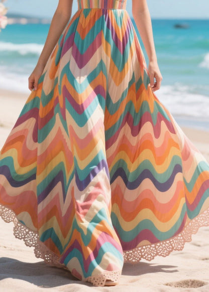 Rainbow Striped Exra Large Hem Chiffon Robe Dresses Summer