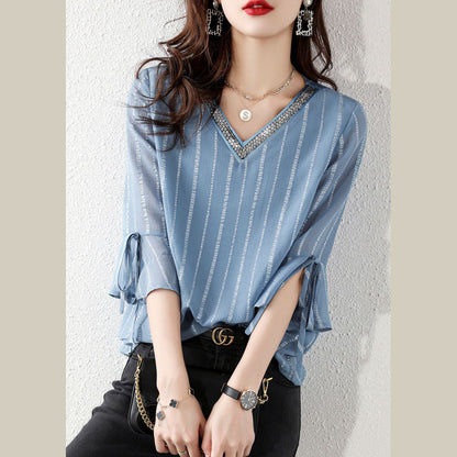Sky Blue Sequins V Neck Jacquard Chiffon Shirt Half Sleeve