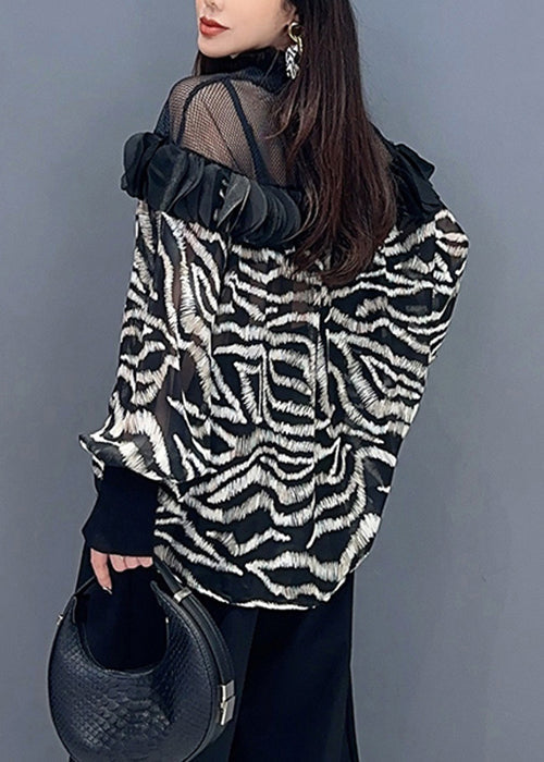 Yellow Leopard Tulle Patchwork Chiffon Top Long Sleeve