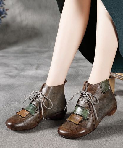 Lace Up Splicing Wedge Boots Camel Cowhide Leather