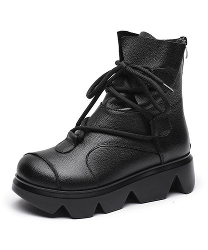 Lace Up Splicing Platform Boots Dark Brown Cowhide Leather Fuzzy Wool Lined