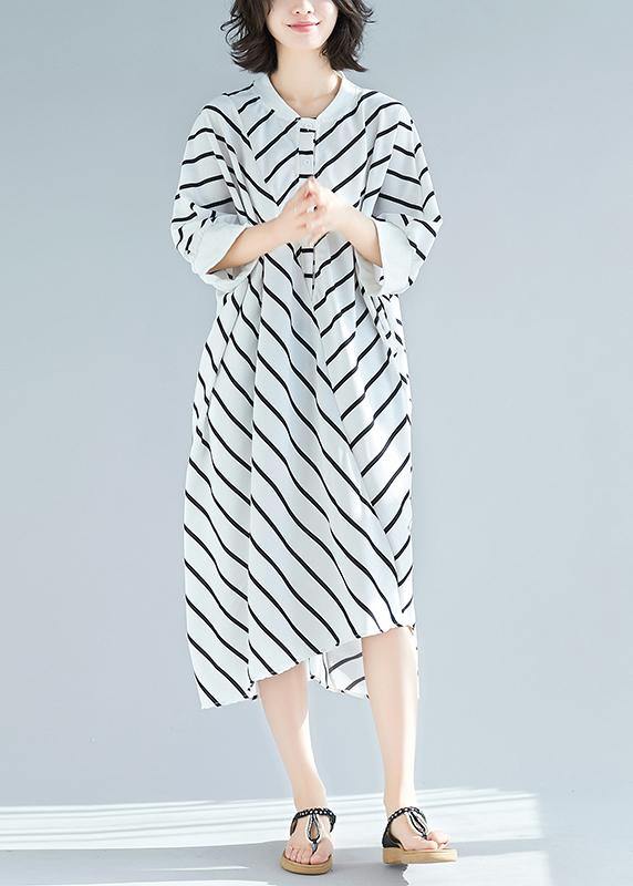 100% White Striped Tunic Dress Asymmetric Spring Dress