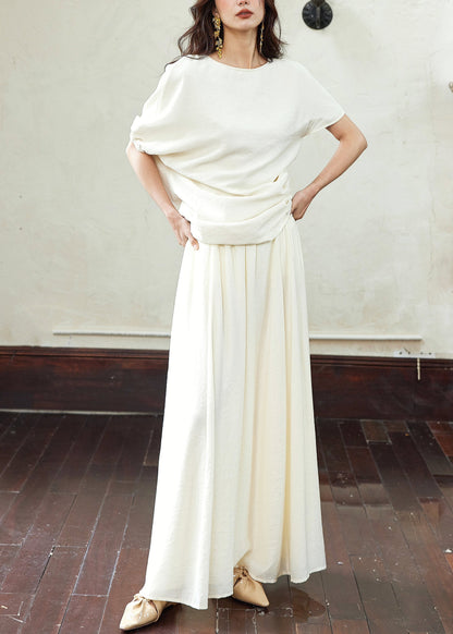White Asymmetrical Wrinkled T Shirts and Skirts Cotton Two Piece Set Summer