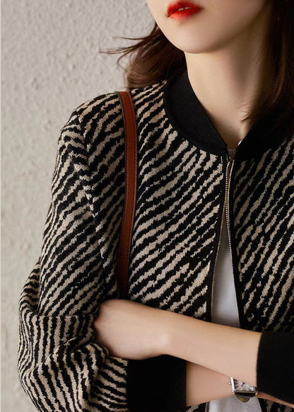 Black O-neck Zippered Striped Knit Coat Long Sleeve