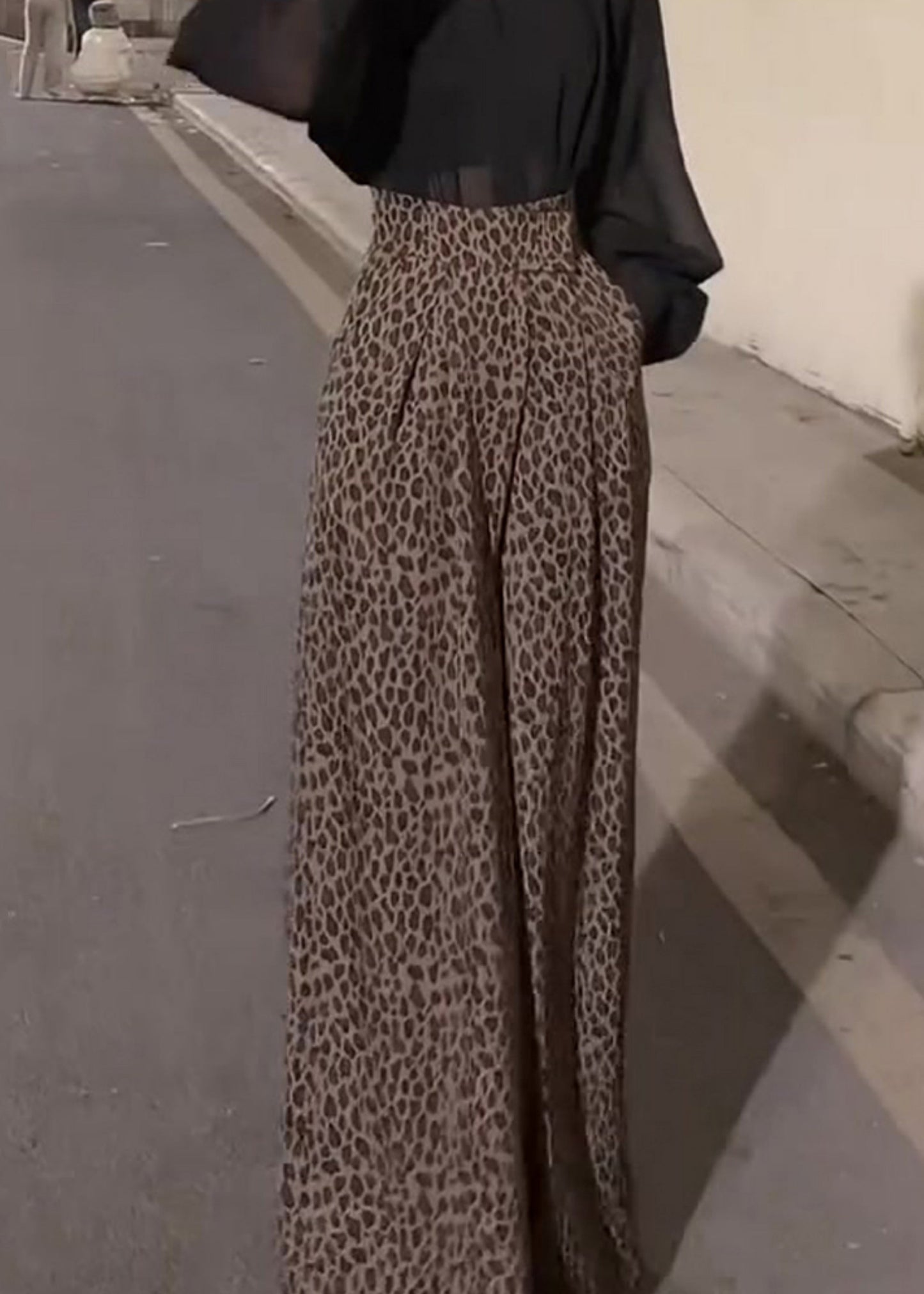 Leopard Pockets High Waist Cotton Wide Leg Pants Fall