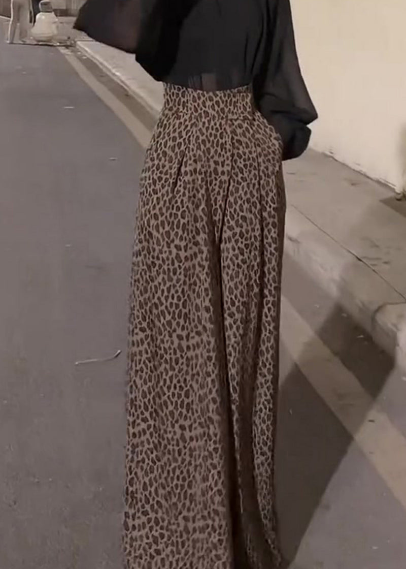 Leopard Pockets High Waist Cotton Wide Leg Pants Fall