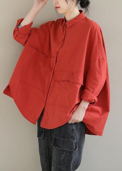 Red Blouse Lapel Asymmetric Short Shirt Top