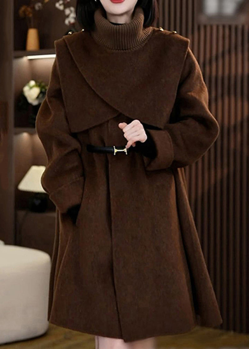 Coffee Woolen Coats and Knit Scarf Two Pieces Set Winter