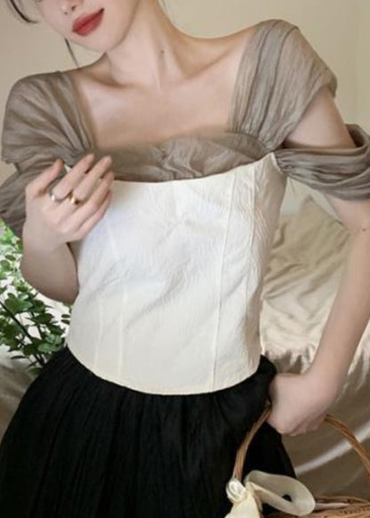 White Square Collar Tulle Patchwork Top Summer
