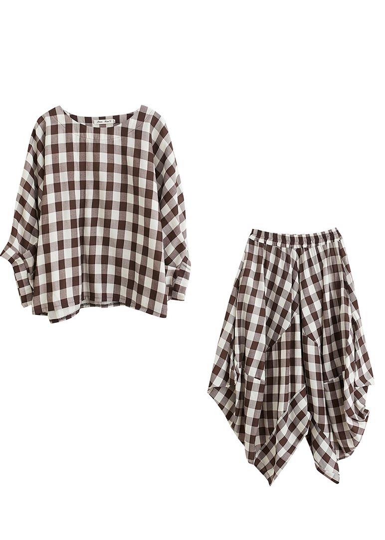 Art Black White Plaid Batwing Sleeve Two Piece Set Clothing Summer Cotton Linen