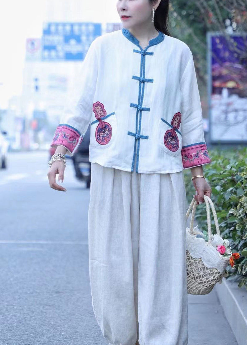 White Embroideried Linen Tops Long Sleeve
