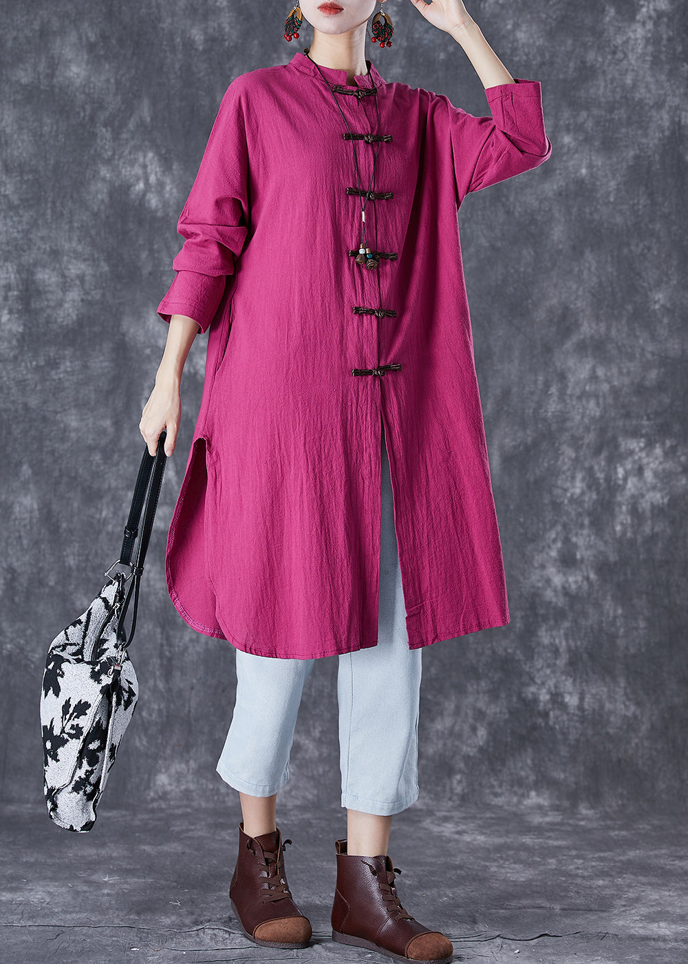 Rose Chinese Button Side Open Linen Long Shirts Fall
