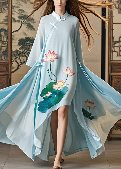 Sky Blue Asymmetrical Lotus Print Chiffon Oriental Dress Fall