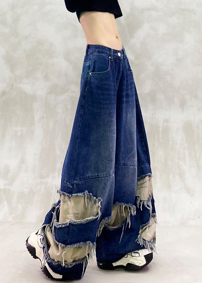 Blue Ripped Patchwork Denim Wide Leg Pants Spring