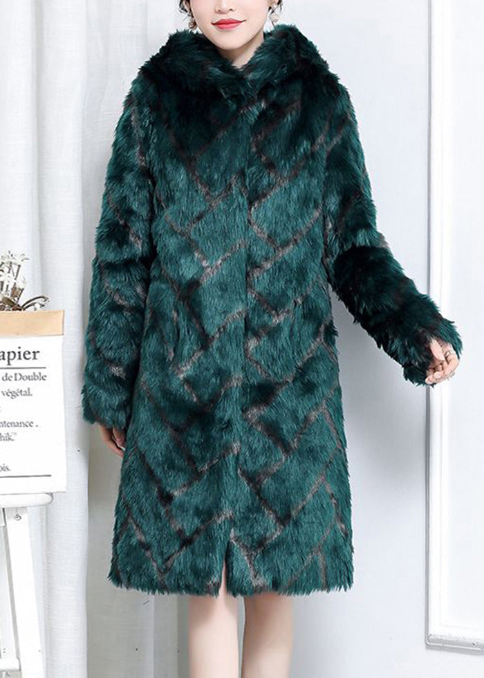 Green Hooded Plaid Faux Fur Coats Winter