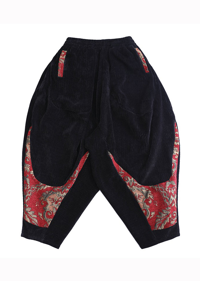 Black Pockets Embroideried Corduroy Lantern Pants Fall