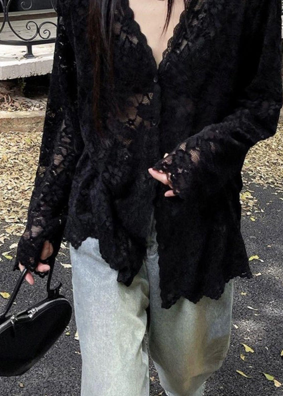 Black V Neck Hollow Out Lace Shirt Spring