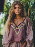 Vintage Classy Purple Floral Embroidered Linen Blend Tunic artswardrobe