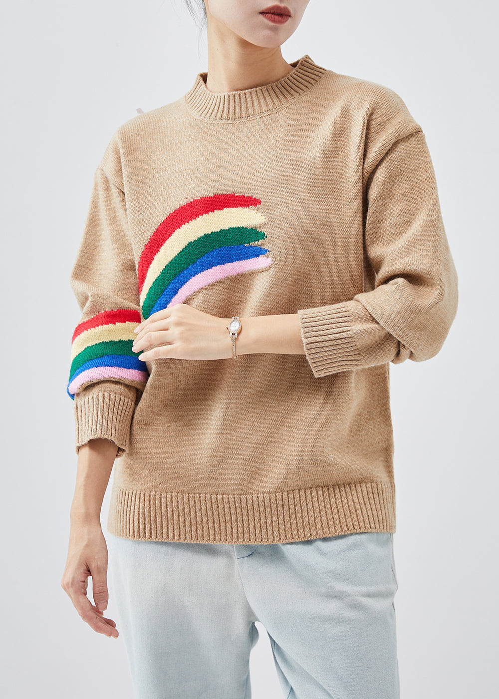 Stylish Khaki Rainbow Thick Knit Pullover Winter