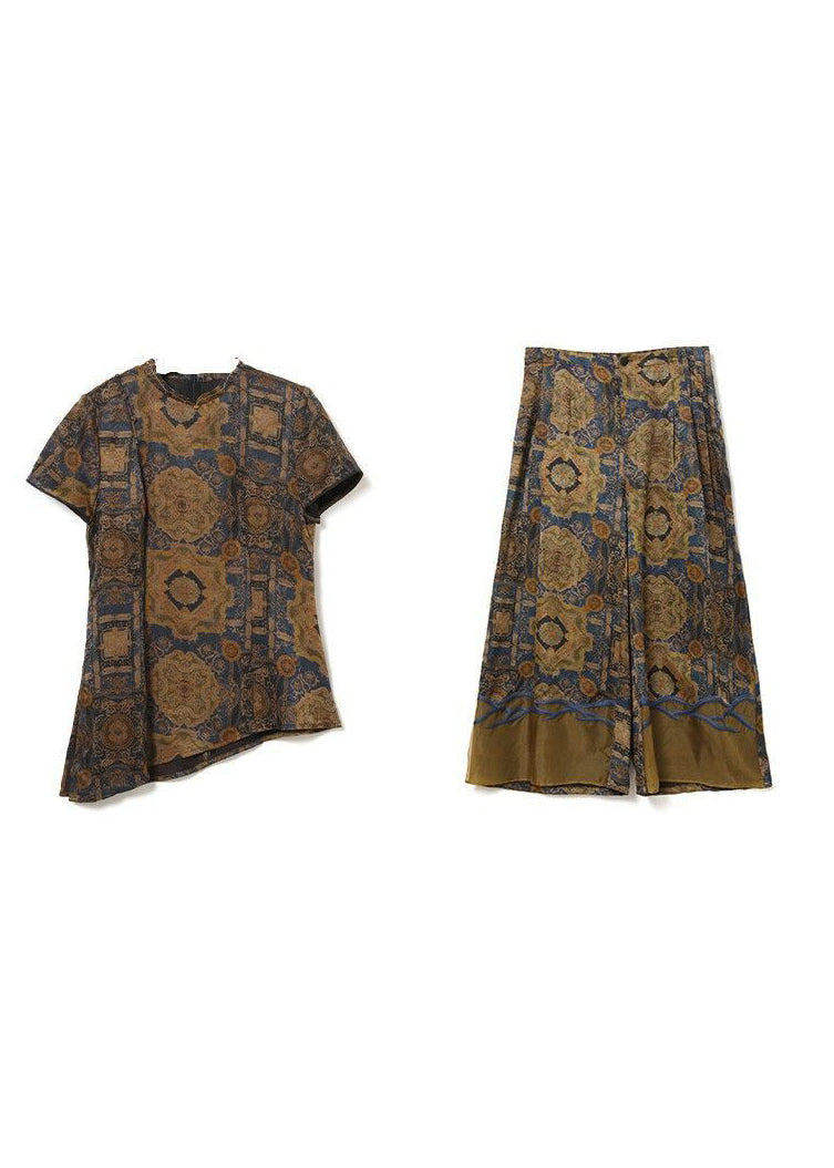 Khaki Asymmetrical Design Print Silk Two Pieces Set Summer