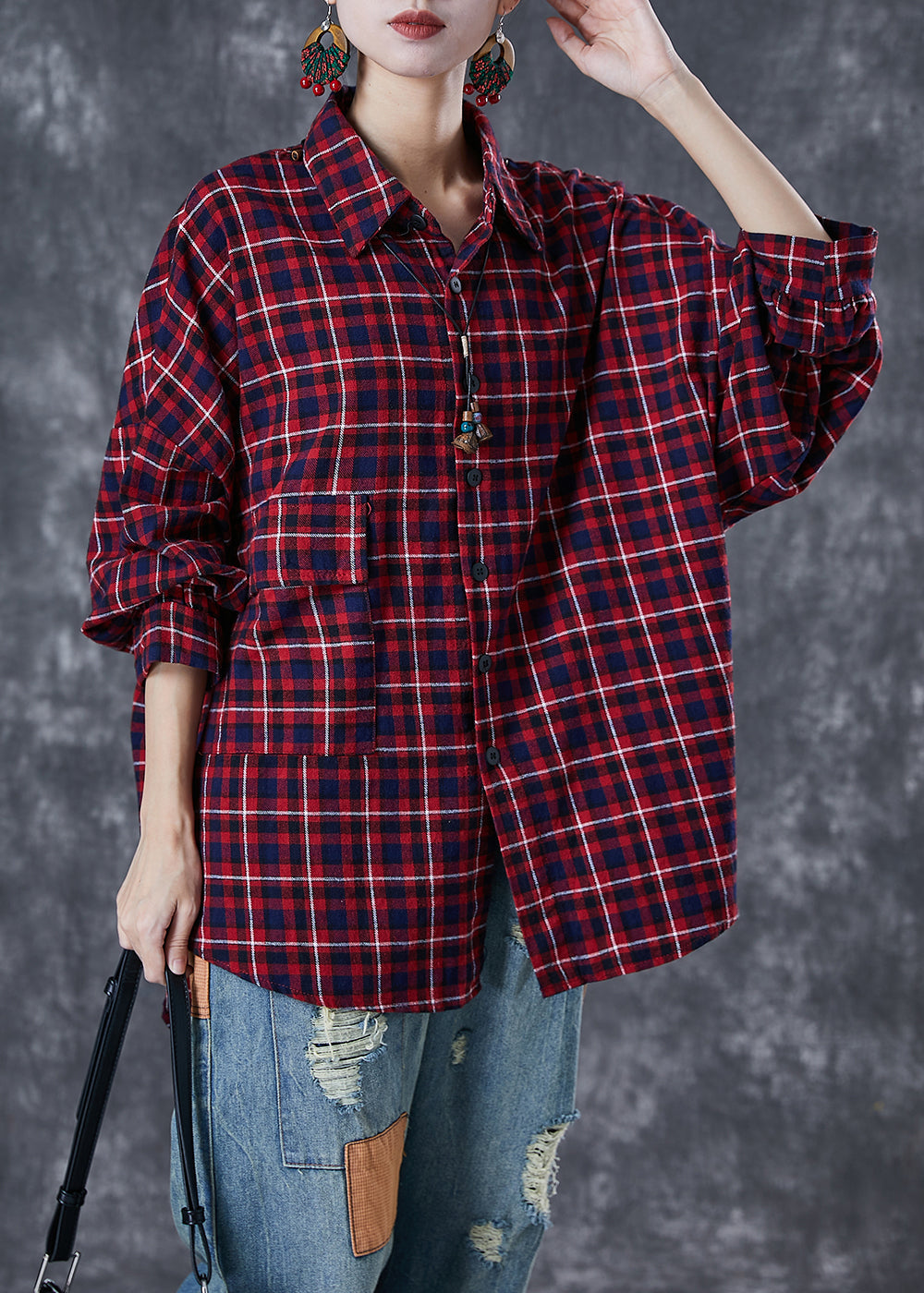 Red Oversized Plaid Cotton Shirt Tops Fall