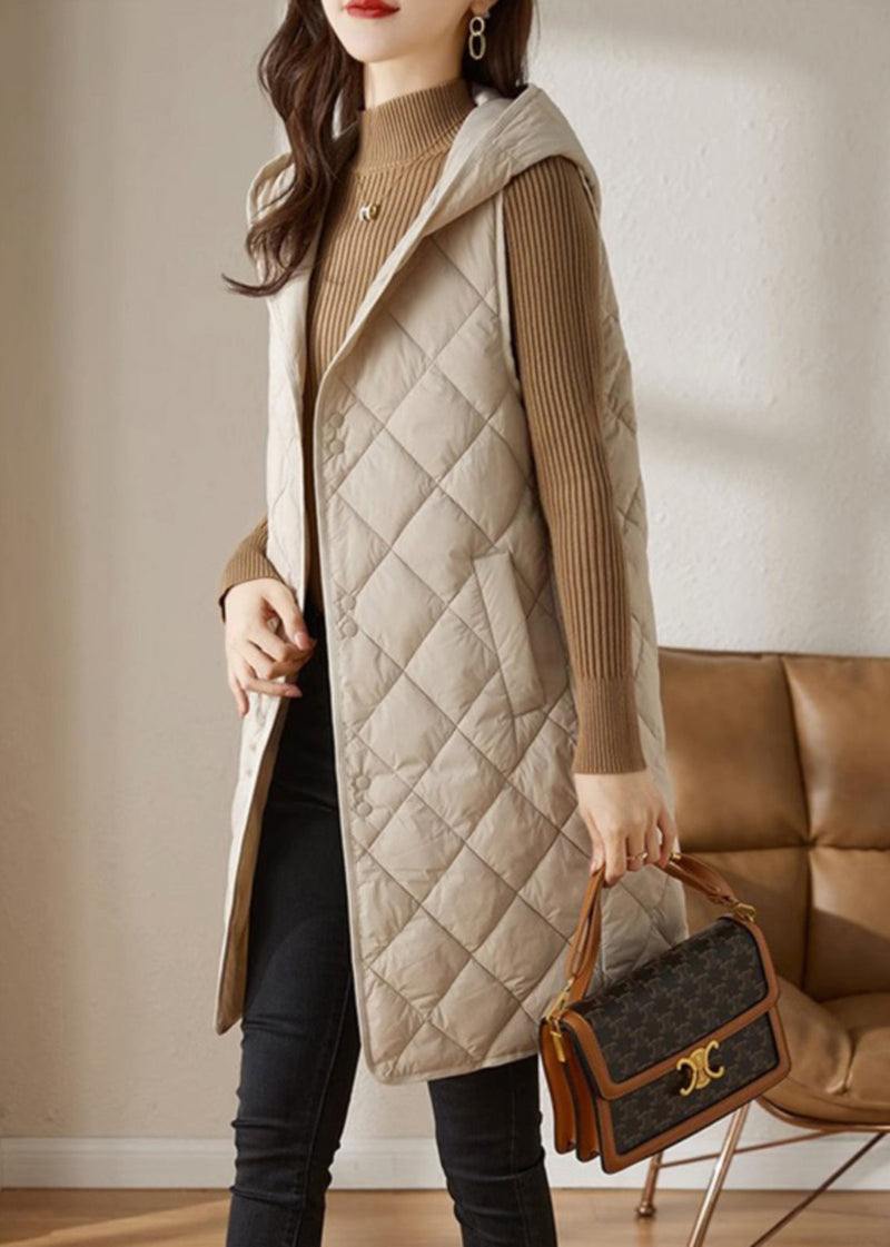 French Apricot Hooded Pockets Fine Cotton Filled Vest in Winter