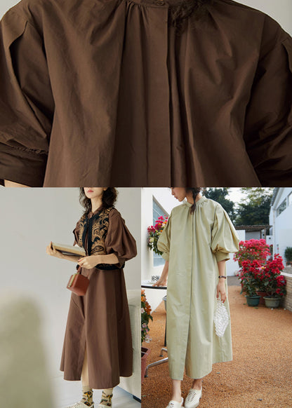 Unique Light Green Stand Collar Cotton Maxi Dress Fall