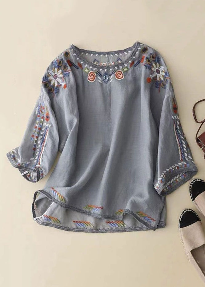 Loose White O-neck Embroidered Linen T Shirt Half Sleeve