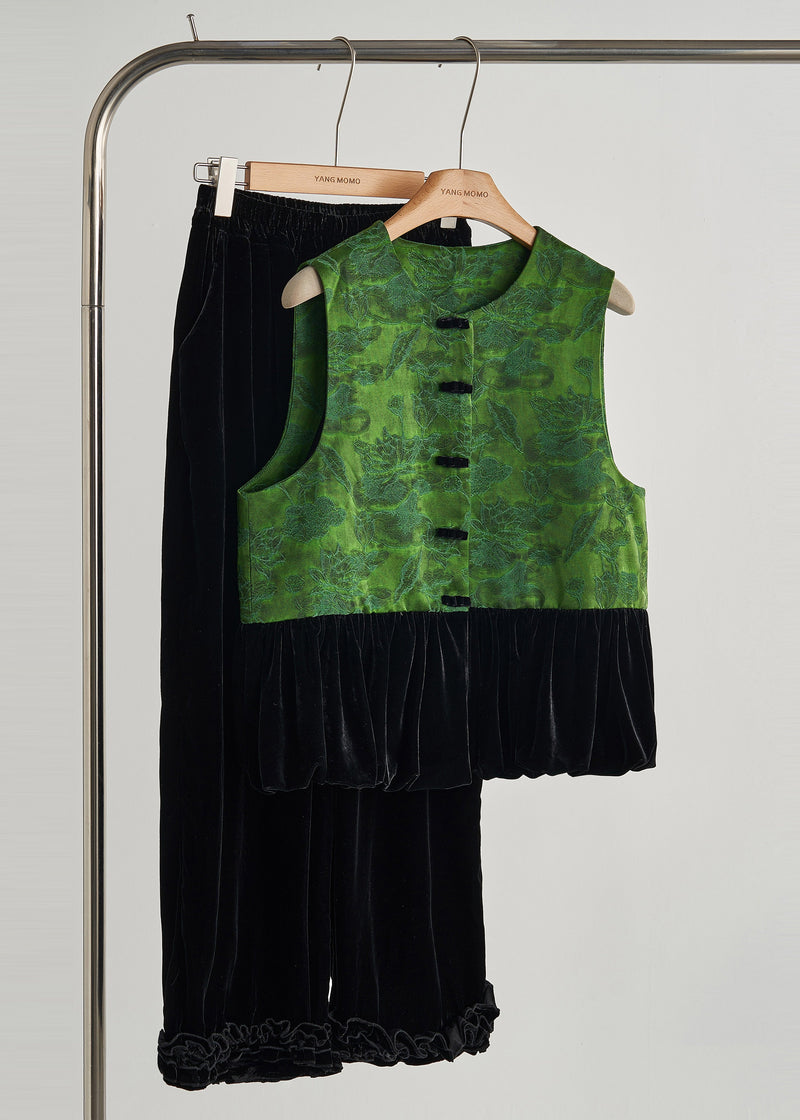 Dull Green Jacquard Patchwork Silk Velvet Vest Fall