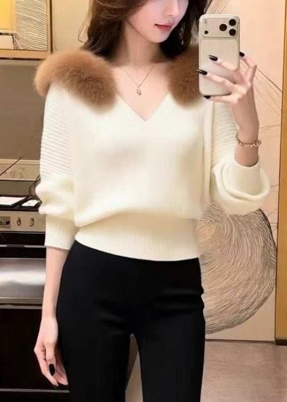 Slim Fit Beige Fur Collar Knit Sweater Tops Spring