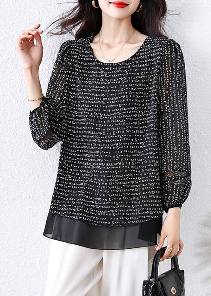Classy Black Oversized Print Chiffon Fake Two Piece Shirts Fall