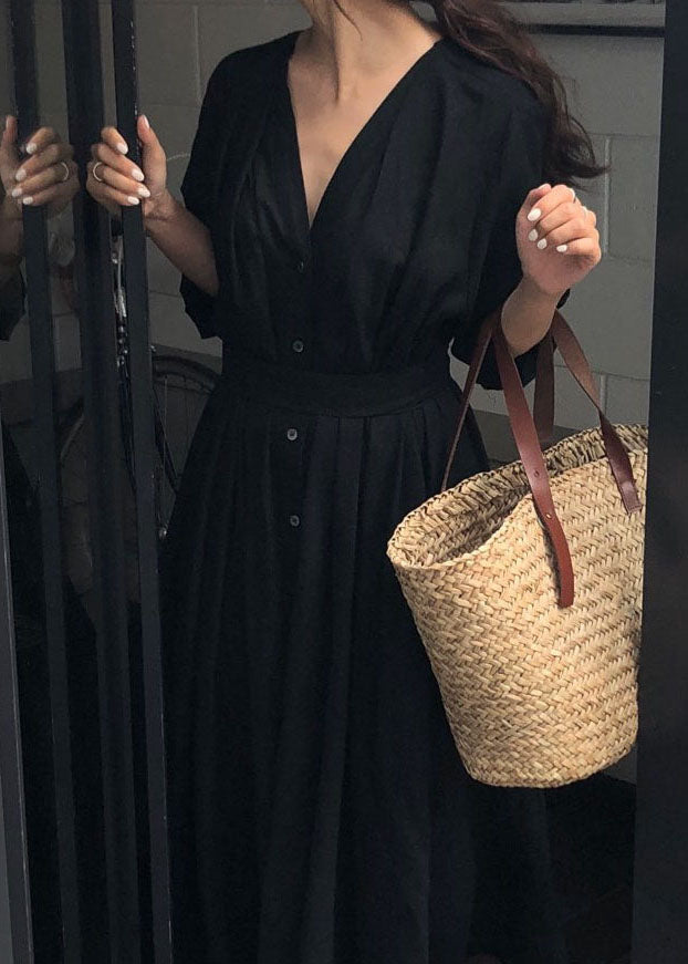 Black Cinched Button Cotton Dress Spring