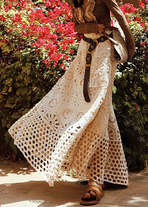 Apricot Hollow Out Lace Elastic Waist Cotton Skirts Summer