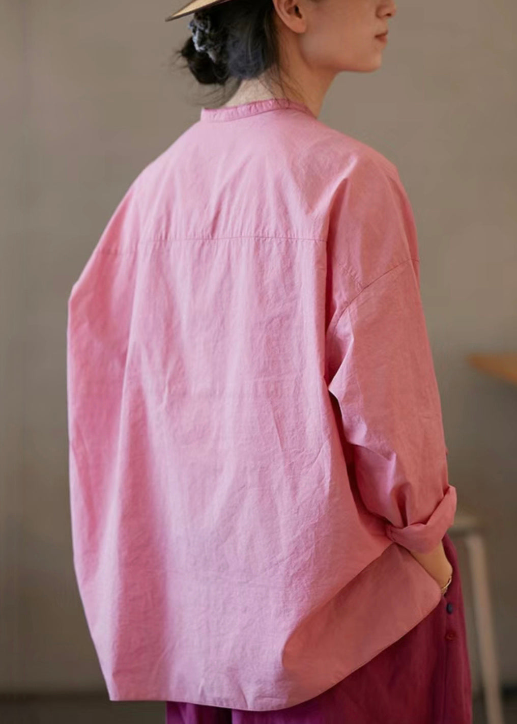 Pink V Neck Side Open Cotton Blouses Fall