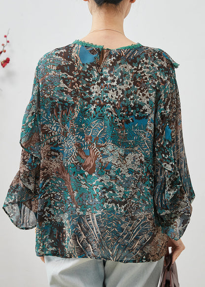 Green Ruffled Print Chiffon Tops Lantern Sleeve