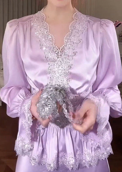 Purple Lace Patchwork Silk Blouse Tops V Neck Fall