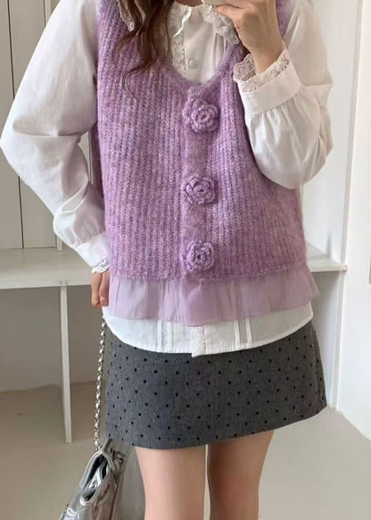 Purple Patchwork Knit Vests V Neck Decorated Spring