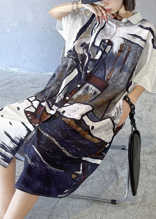 Diy Grey Graphic Peter Pan Collar Button Long Dress Summer