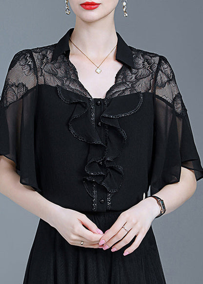 Black Ruffled Lace Patchwork Chiffon Shirt Summer