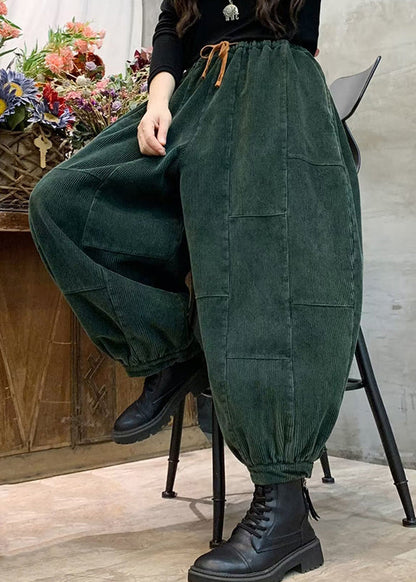 Blackish Green Elastic Waist Tie Waist Corduroy Lantern Pants Spring