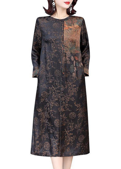 French Brown O-neck Patchwork Side Open Silk Long Dresses Fall