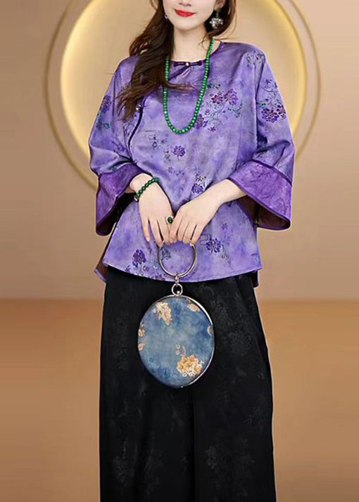 Purple O Neck Print Button Silk Shirts Fall