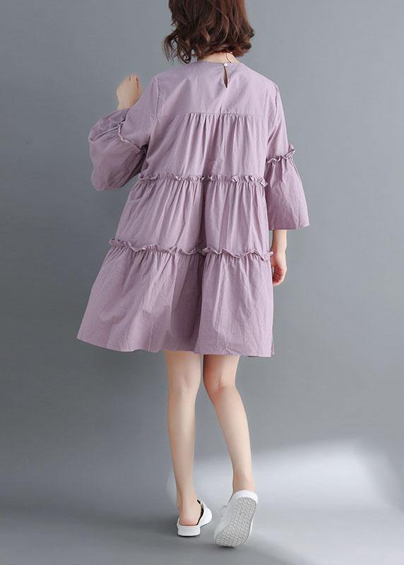 Simple Light Purple O-neck Tiered Cotton Summer Dress