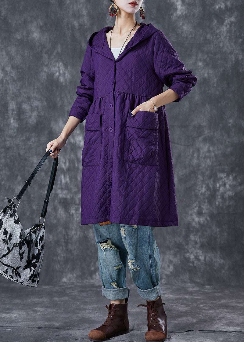 Purple Hooded Pockets Cotton Tench Coats Fall