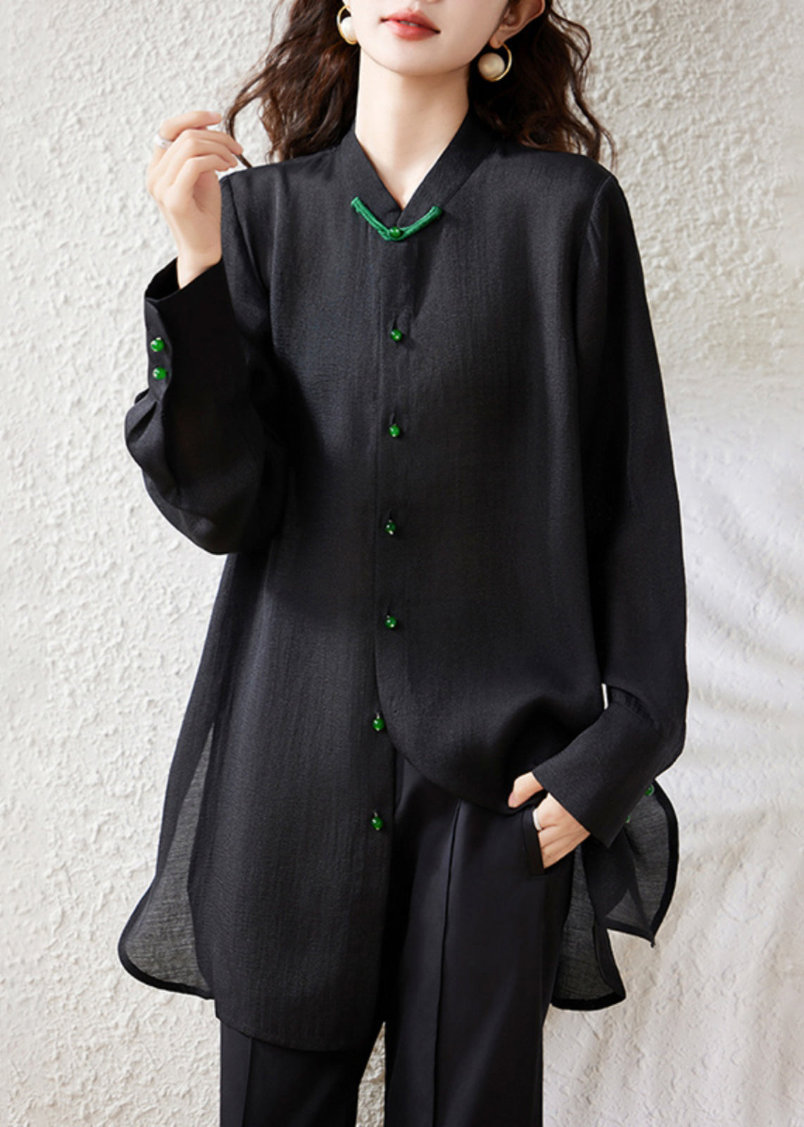 Loose Black Button Side Open Chiffon Blouse Fall