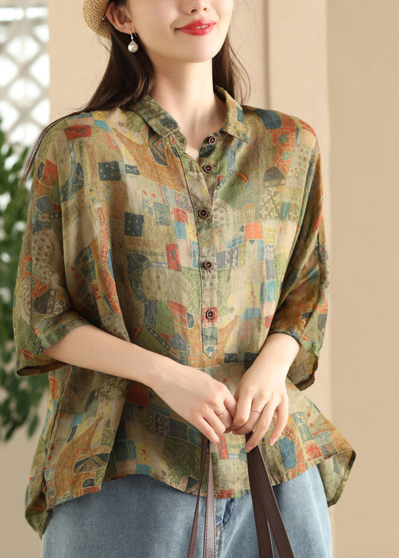 Green Peter Pan Collar Print Button Linen Shirt Summer