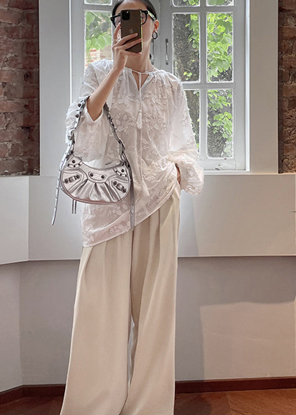 Cozy White Embroideried Cotton Shirt Tops Fall